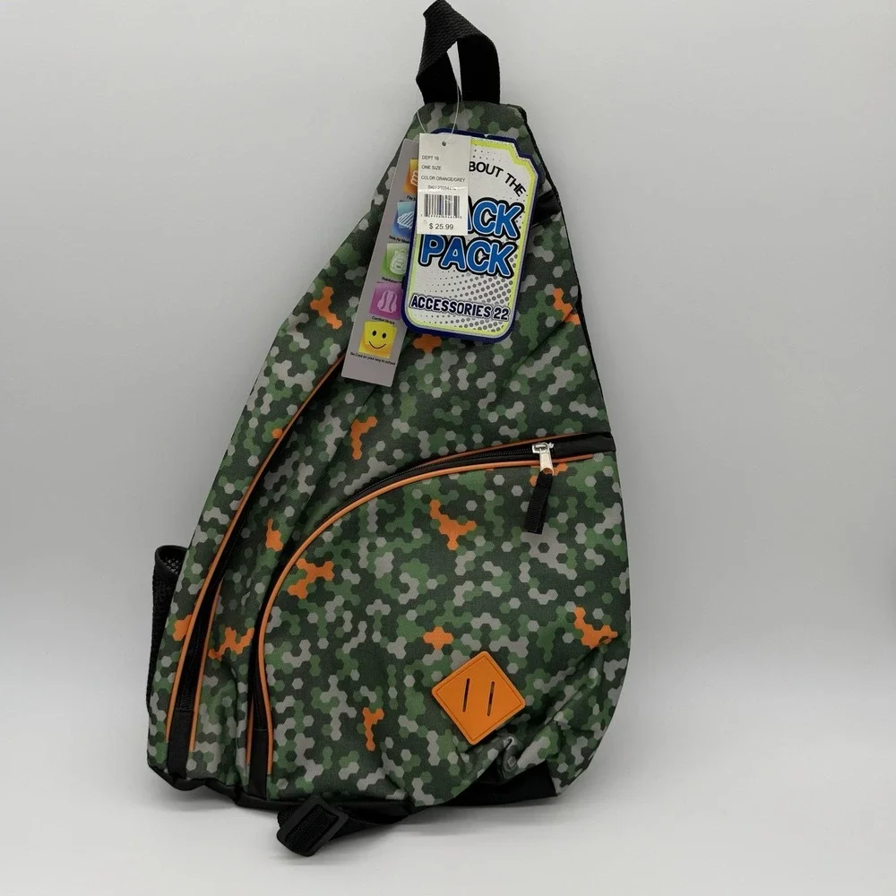 NWT 2016 Mystic Apparel Camo Sling Backpack School Bag Green Orange One Strap